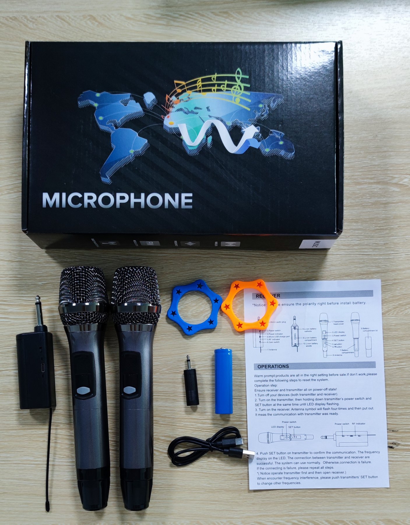 W4B wireless microphone package accessories and instruction sheet