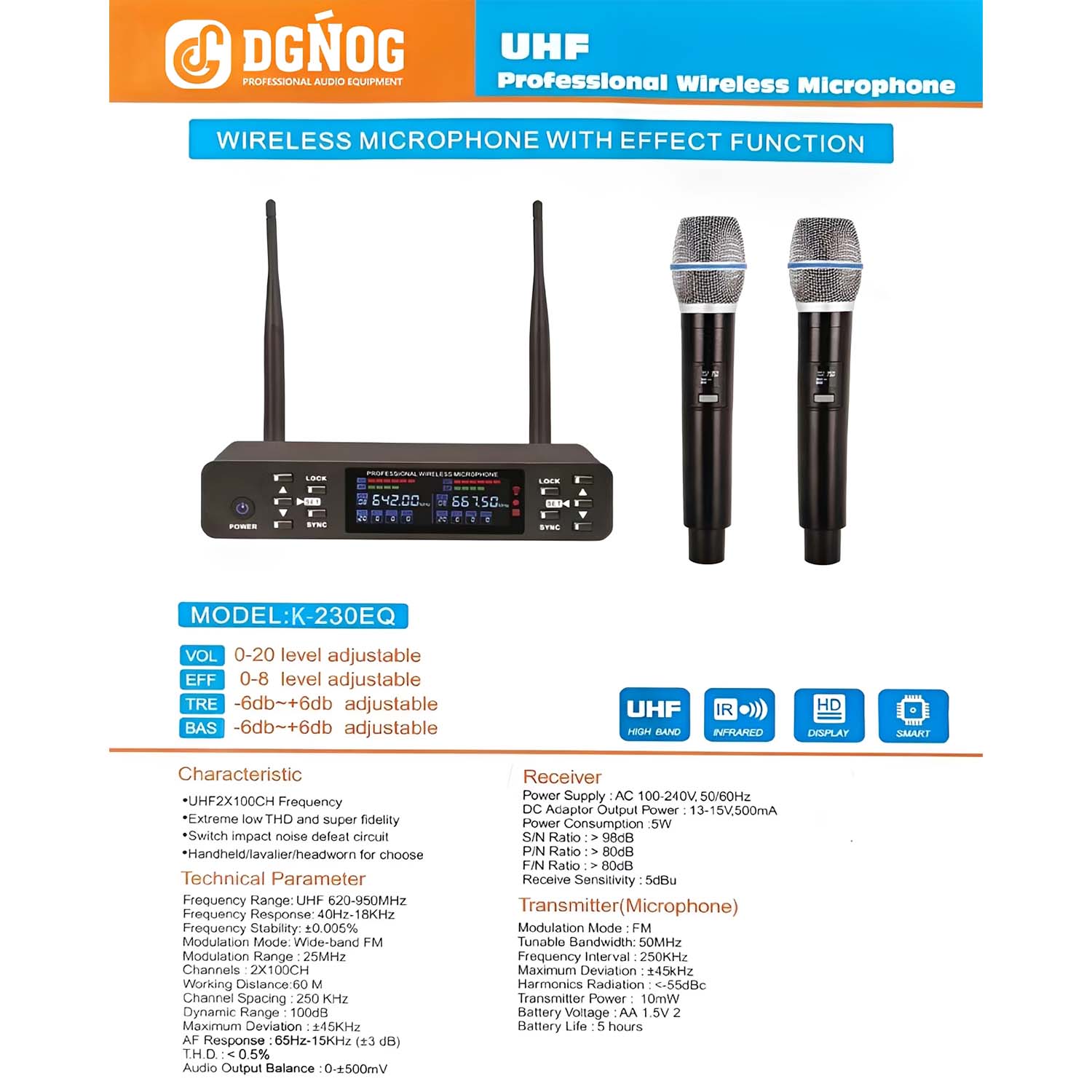 ELEGAUDIO K-250EQ dual-channel uhf system with effects