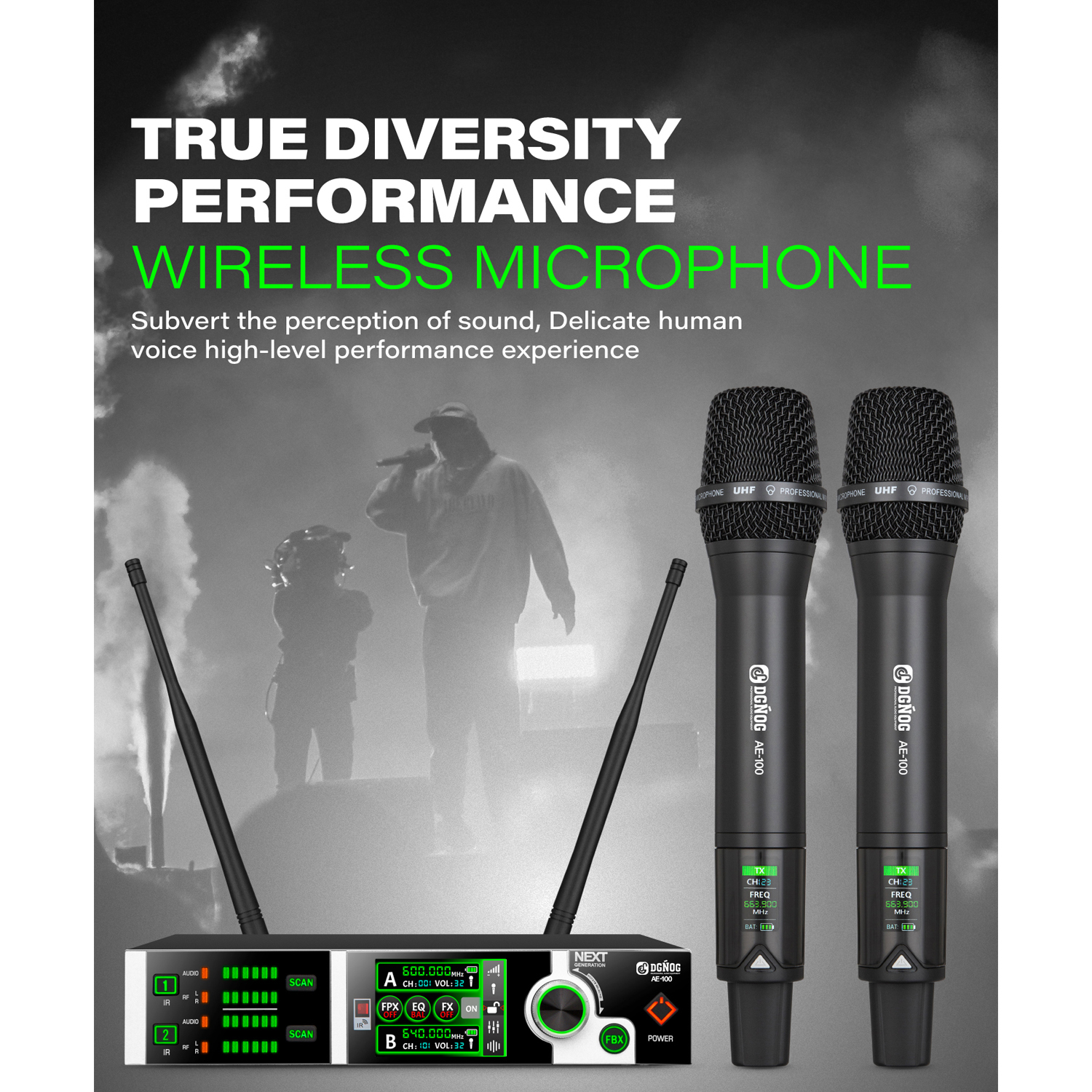 ELEGAUDIO AE-300EQ long-range dual-channel digital wireless microphone system