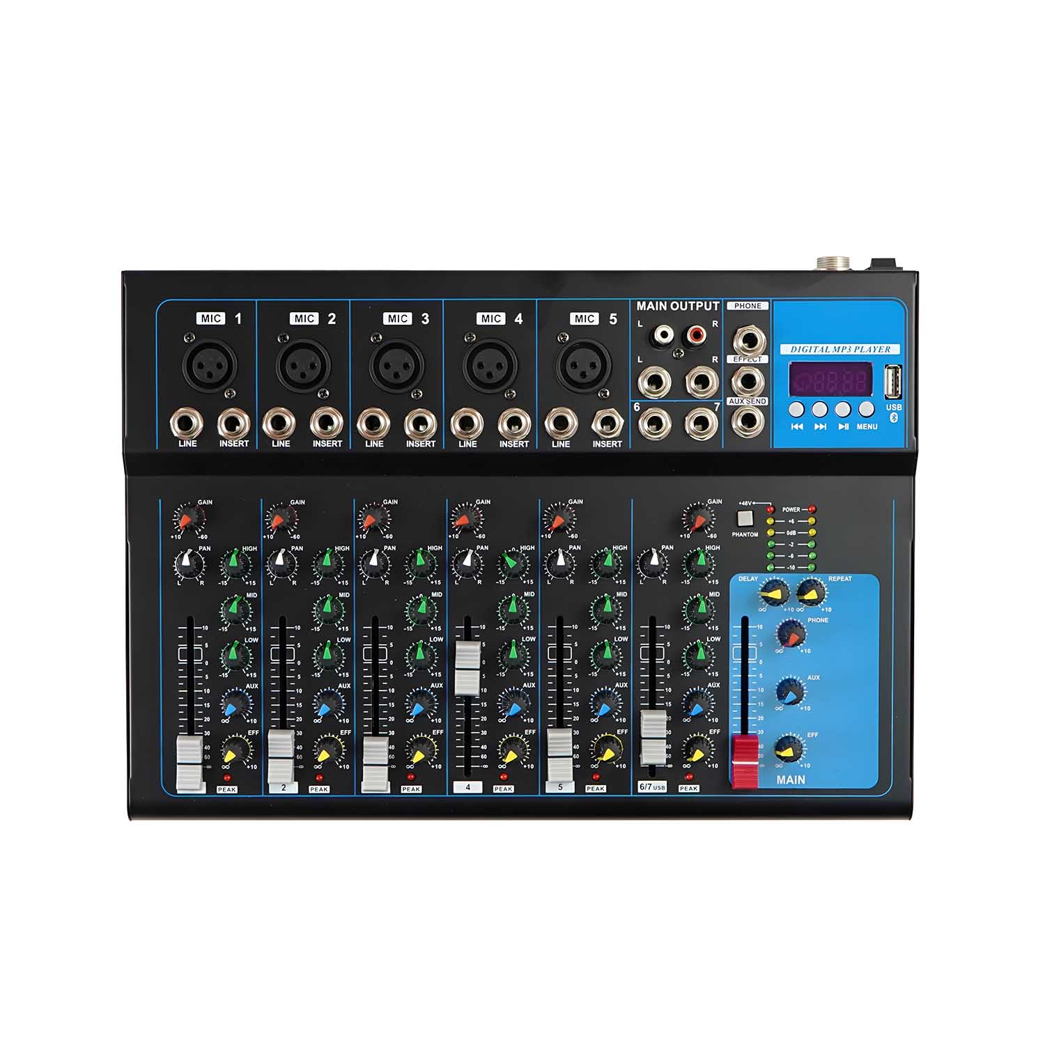 ELEGAUDIO F7 7-channel professional audio mixer view 1