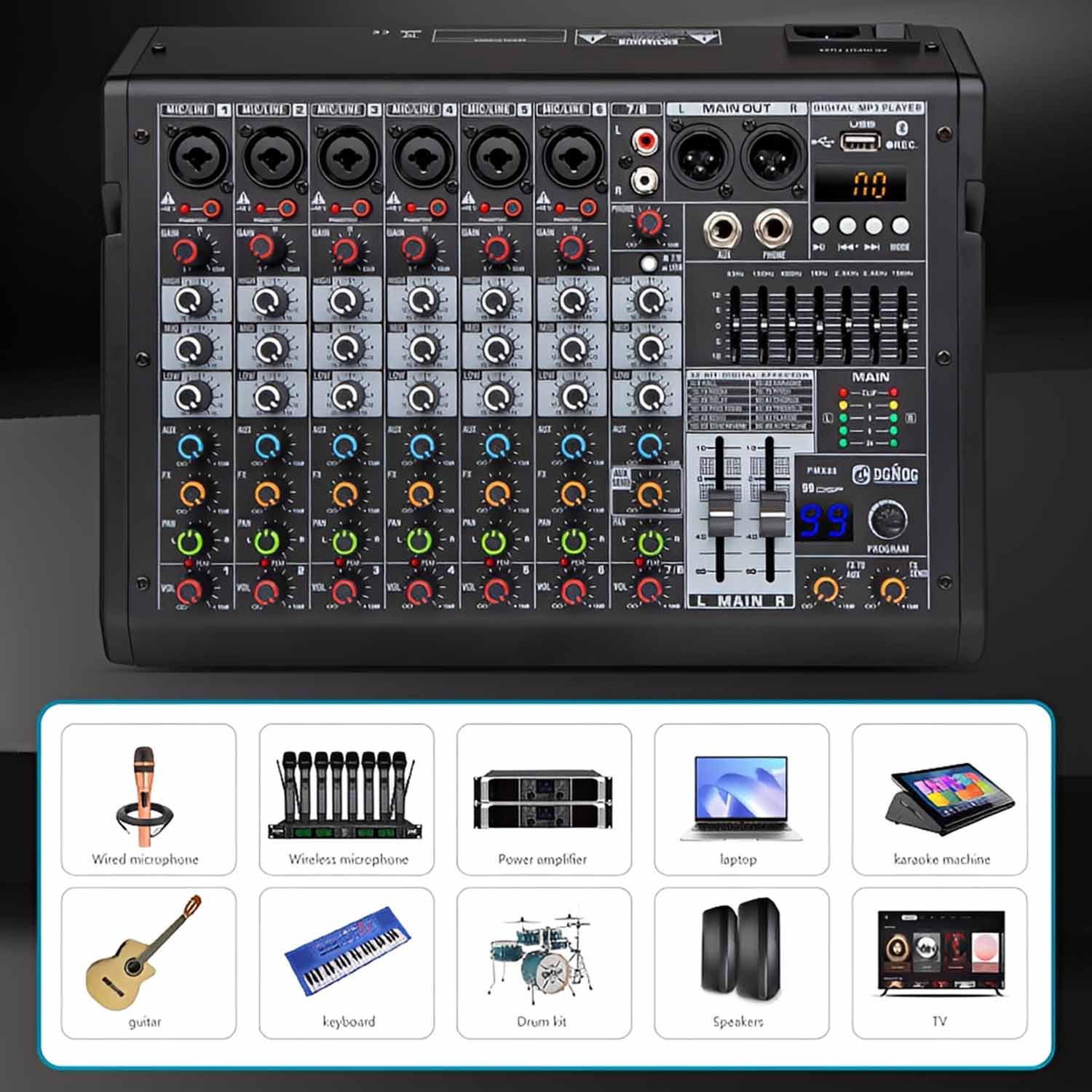 PMX08 8 channel professional mixing console view 4