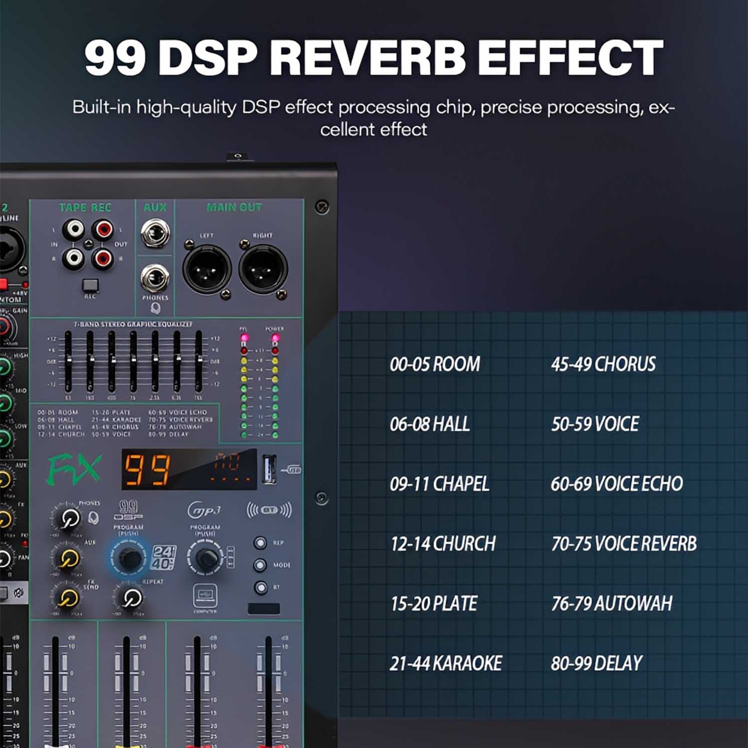 BN-08FX 8 channel professional mixing console view 3