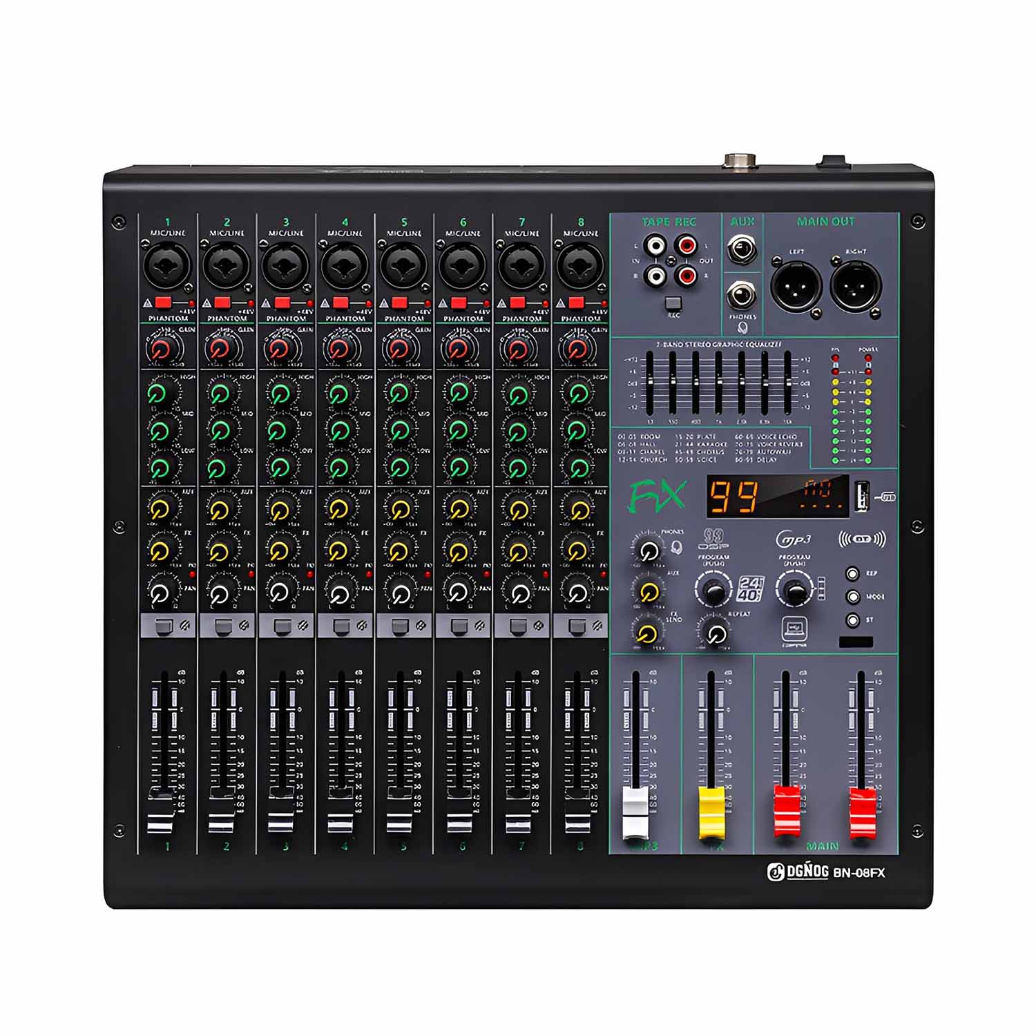 BN-08FX 8 channel professional mixing console view 1