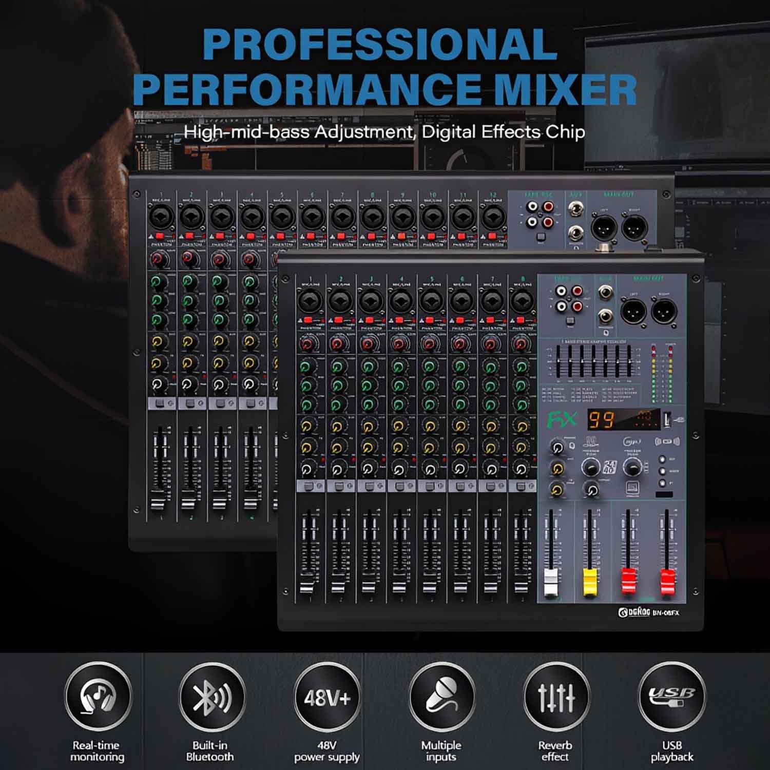 BN-08FX 8 channel professional mixing console view 4