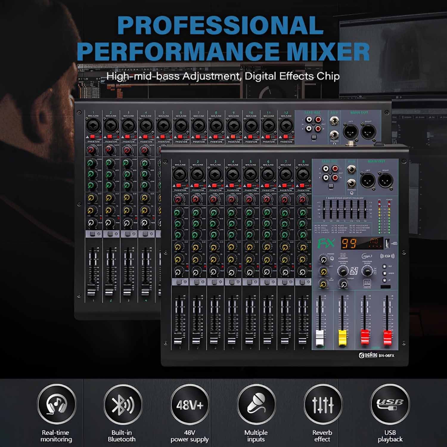 BN-12FX 12 channel professional mixing console view 2