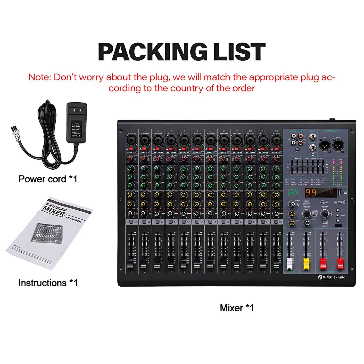 BN-12FX 12 channel professional mixing console view 5