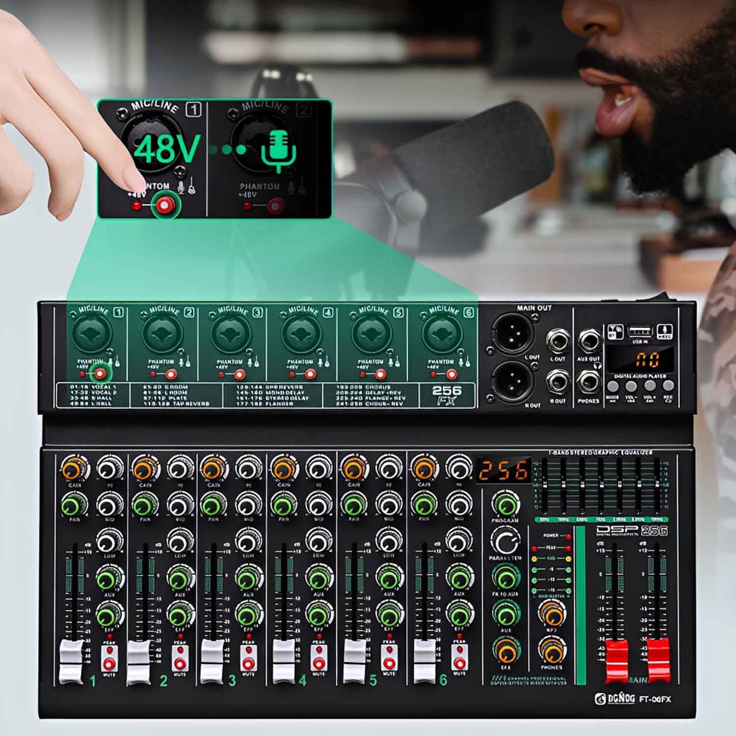 FT-06FX 6 channel professional mixing console view 3