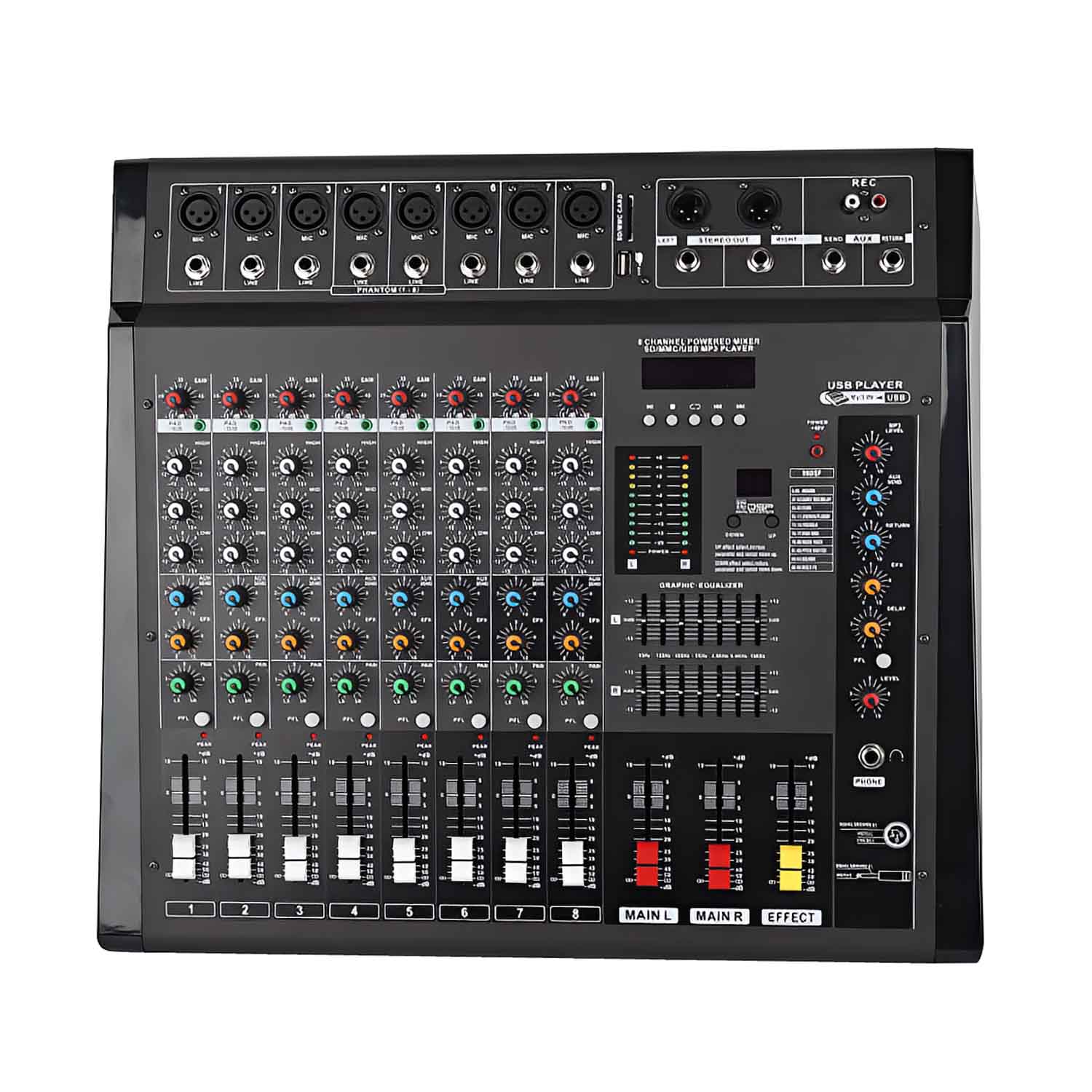 PMX-1208D professional powered mixing console view 1
